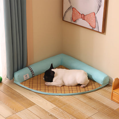 Bamboo fiber pet cooling bed with triangular shape, faux suede surface, and soft padded support for cats and dogs