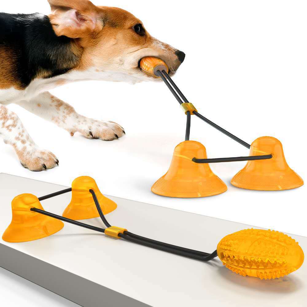 Suction Cup Pets Toy with food-grade TPR tug rope, treat ball, and strong suction base for dogs and cats